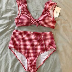 Red & White Checkered High-Waisted Bikini